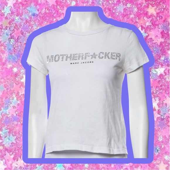 MARC JACOBS Mother Fxcker White Baby Tee  XS S Tshirt Heaven Y2K 2000s Brat love - Picture 3 of 11